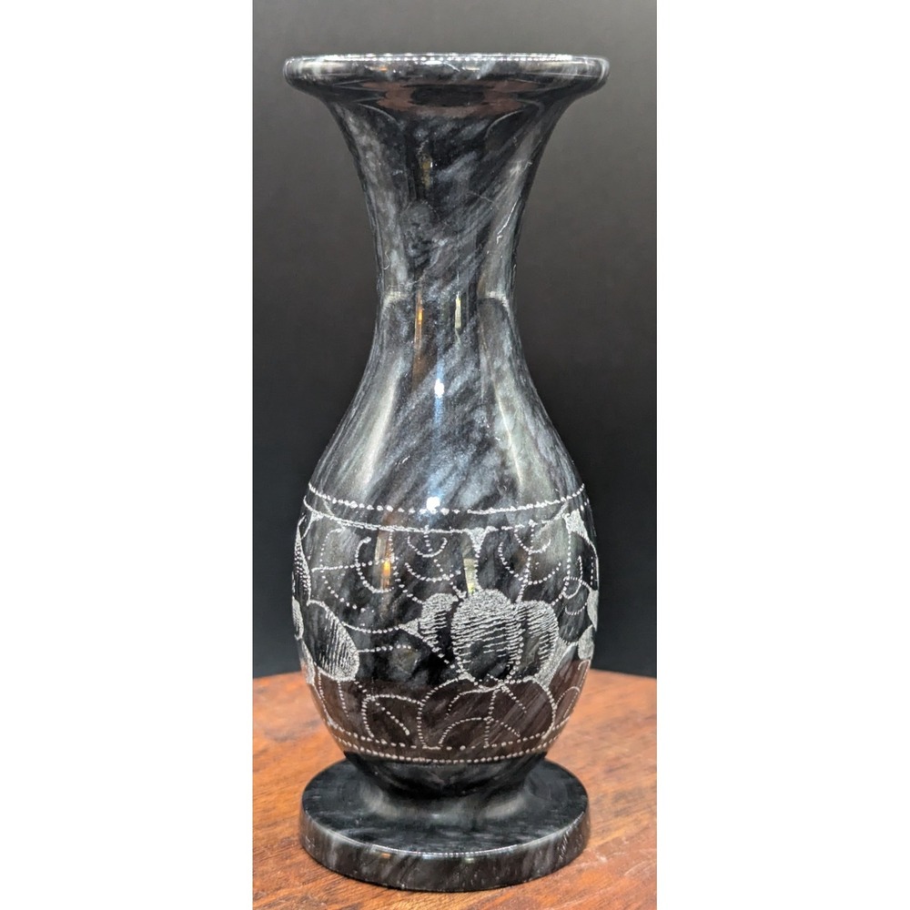 Vintage Black Marble Bud Vase With Etched Florals Polished‎ Base 5"